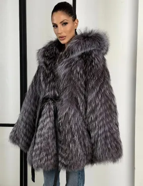 Шуба из меха чернобурки с капюшоном в росшив - летучая мышь