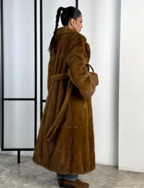 Классическая длинная норковая шуба под пояс - английский воротник