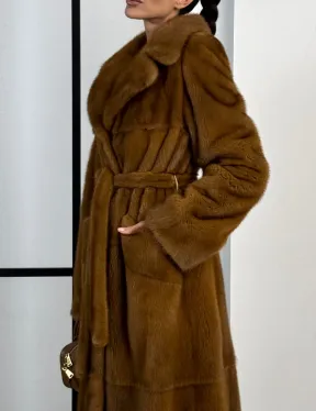 Классическая длинная норковая шуба под пояс - английский воротник