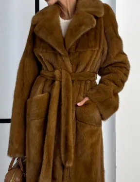 Классическая длинная норковая шуба под пояс - английский воротник