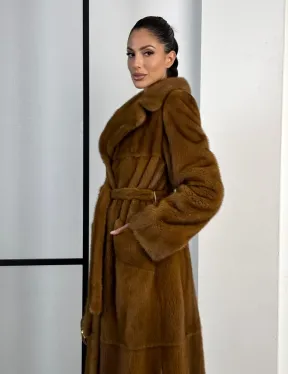 Классическая длинная норковая шуба под пояс - английский воротник