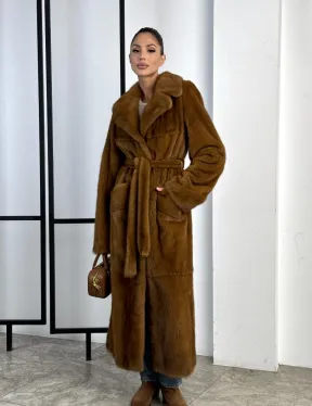 Классическая длинная норковая шуба под пояс - английский воротник