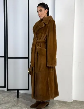 Классическая длинная норковая шуба под пояс - английский воротник