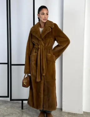 Классическая длинная норковая шуба под пояс - английский воротник