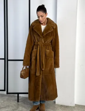 Классическая длинная норковая шуба под пояс - английский воротник