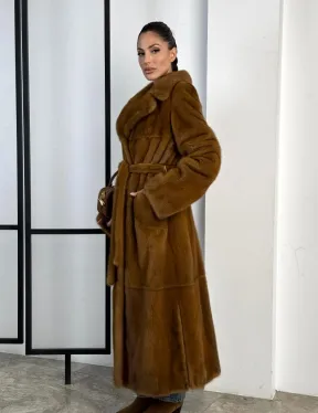 Классическая длинная норковая шуба под пояс - английский воротник