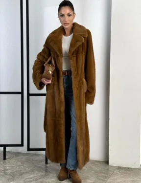 Классическая длинная норковая шуба под пояс - английский воротник
