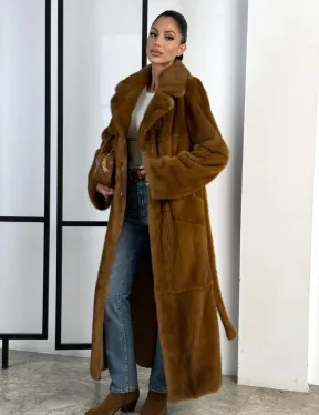 Классическая длинная норковая шуба под пояс - английский воротник