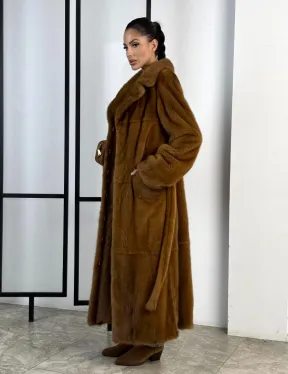 Классическая длинная норковая шуба под пояс - английский воротник