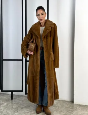 Классическая длинная норковая шуба под пояс - английский воротник