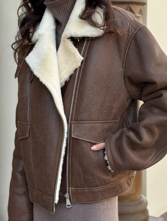Коричневая женская дубленка из натуральной винтажной кожи