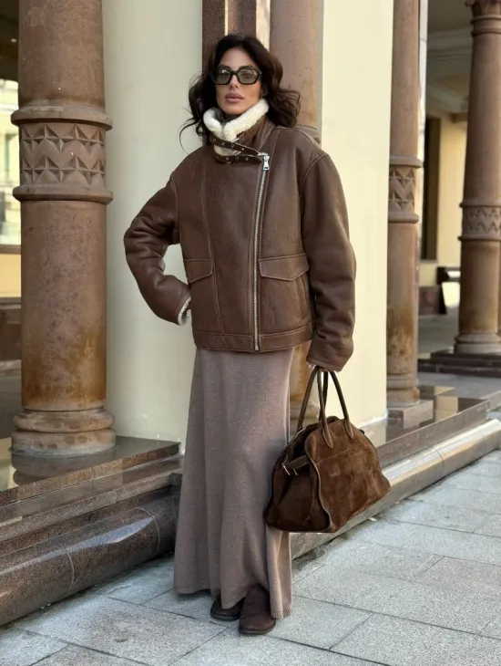 Коричневая женская дубленка из натуральной винтажной кожи