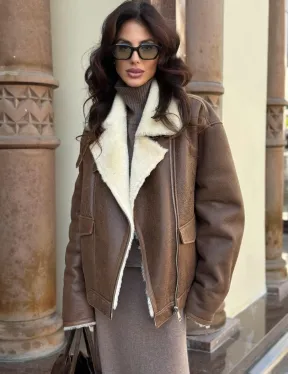 Коричневая женская дубленка из натуральной винтажной кожи