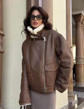 Коричневая женская дубленка из натуральной винтажной кожи