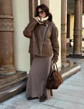 Коричневая женская дубленка из натуральной винтажной кожи