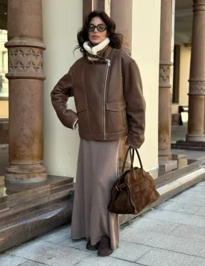 Коричневая женская дубленка из натуральной винтажной кожи