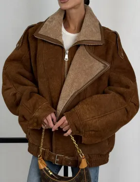 Зимняя натуральная замшевая куртка - дубленка с лацканами