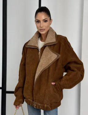 Зимняя натуральная замшевая куртка - дубленка с лацканами