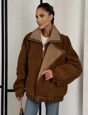 Зимняя натуральная замшевая куртка - дубленка с лацканами