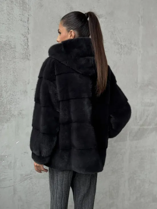 Норковый полушубок - куртка из меха норки с капюшоном графит