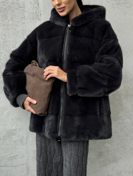 Норковый полушубок - куртка из меха норки с капюшоном графит