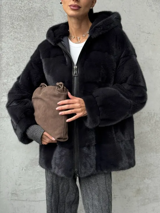 Норковый полушубок - куртка из меха норки с капюшоном графит
