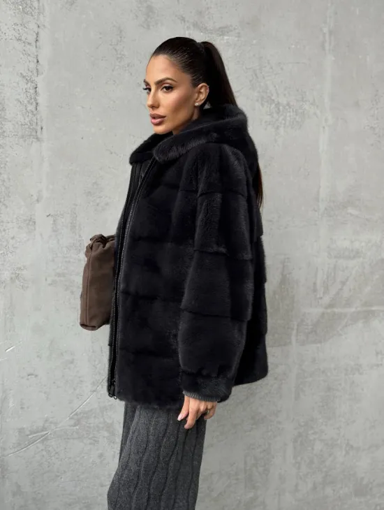 Норковый полушубок - куртка из меха норки с капюшоном графит