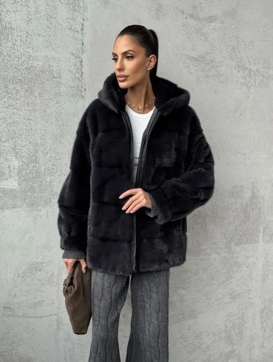 Норковый полушубок - куртка из меха норки с капюшоном графит