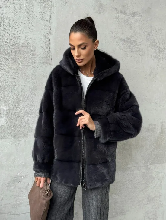 Норковый полушубок - куртка из меха норки с капюшоном графит