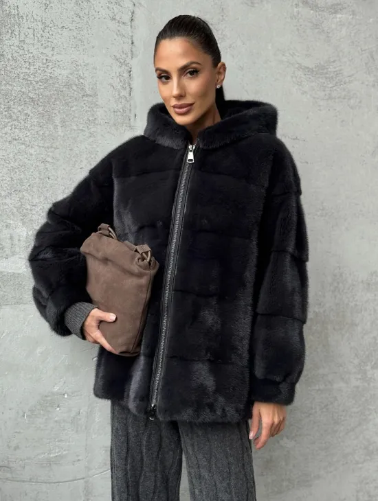 Норковый полушубок - куртка из меха норки с капюшоном графит