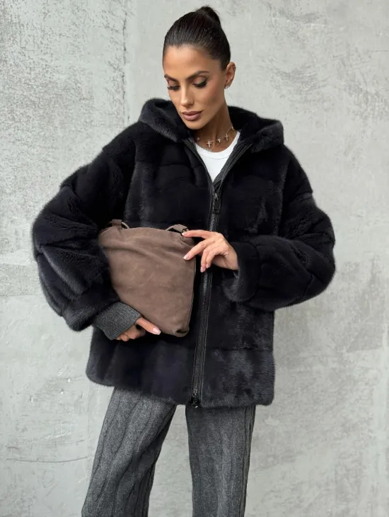 Норковый полушубок - куртка из меха норки с капюшоном графит