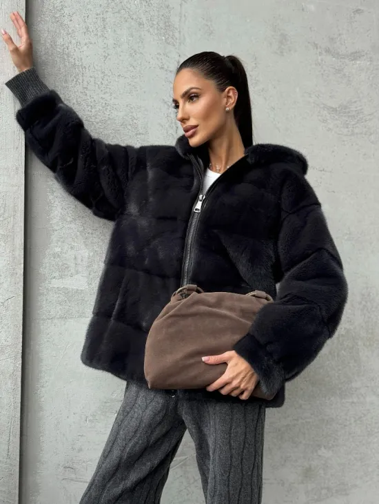 Норковый полушубок - куртка из меха норки с капюшоном графит