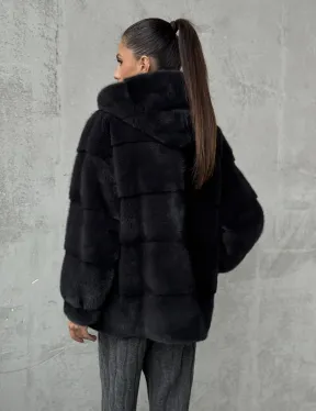 Норковый полушубок - куртка из меха норки с капюшоном графит