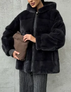 Норковый полушубок - куртка из меха норки с капюшоном графит