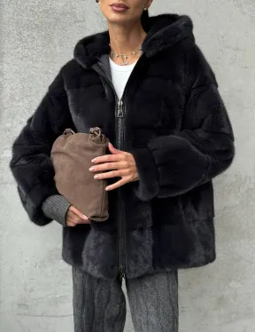 Норковый полушубок - куртка из меха норки с капюшоном графит