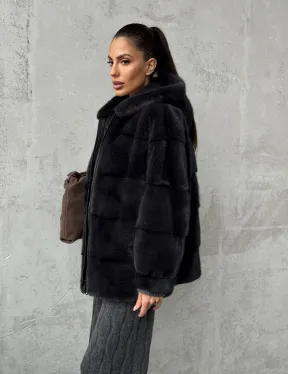 Норковый полушубок - куртка из меха норки с капюшоном графит