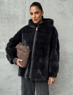 Норковый полушубок - куртка из меха норки с капюшоном графит