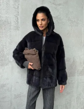 Норковый полушубок - куртка из меха норки с капюшоном графит