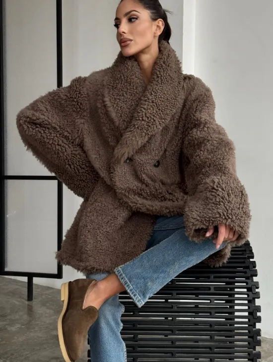 Женская двусторонняя дубленка из натуральной кожи - воротник шаль