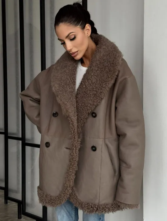 Женская двусторонняя дубленка из натуральной кожи - воротник шаль