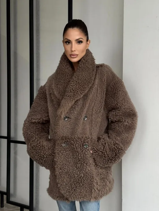 Женская двусторонняя дубленка из натуральной кожи - воротник шаль