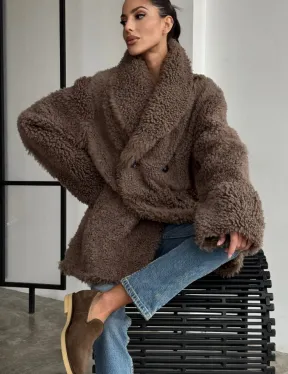 Женская двусторонняя дубленка из натуральной кожи - воротник шаль