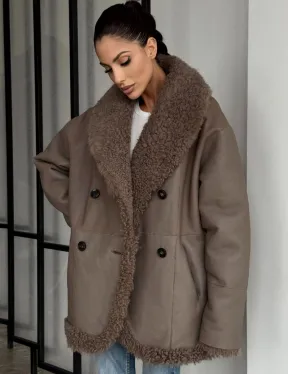 Женская двусторонняя дубленка из натуральной кожи - воротник шаль