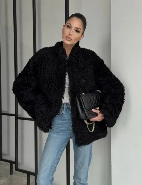 Черная двусторонняя женская дубленка зима 2025