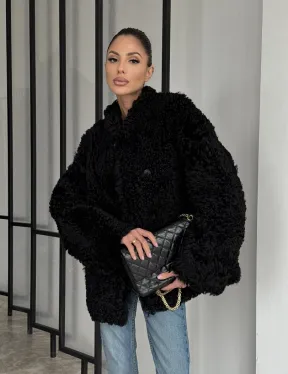 Черная двусторонняя женская дубленка зима 2025