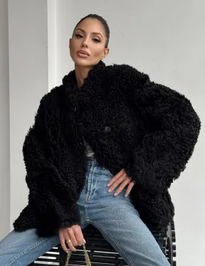 Черная двусторонняя женская дубленка зима 2025