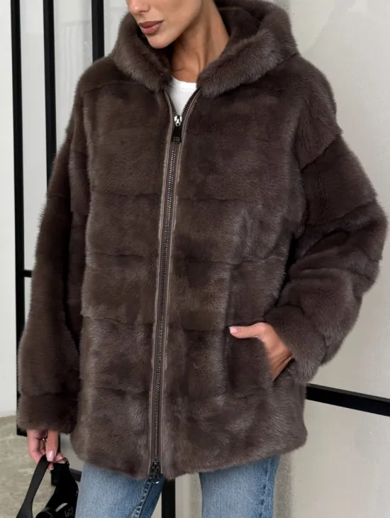 Норковый полушубок с капюшоном на молнии
