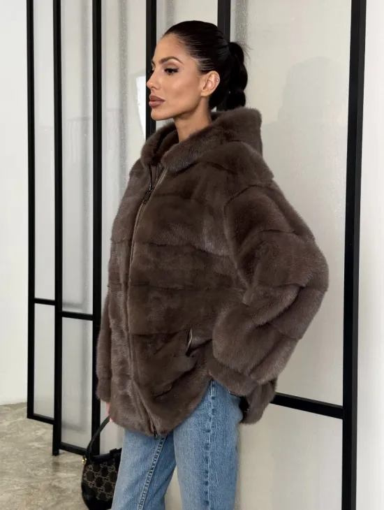 Норковый полушубок с капюшоном на молнии