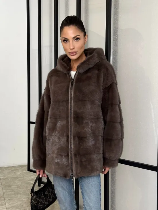 Норковый полушубок с капюшоном на молнии