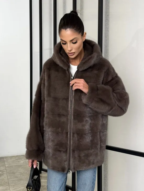 Норковый полушубок с капюшоном на молнии
